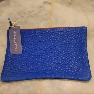 NWT Clare Clair V Vivier iPad Blue Leather Clutch Travel Cosmetic Indie Punk